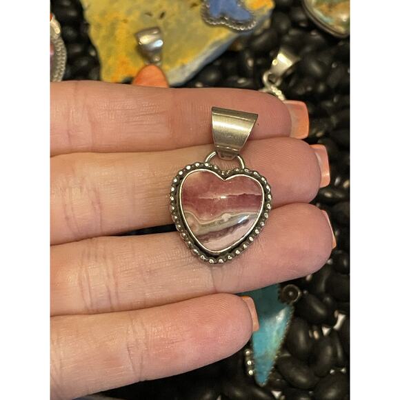 Unbranded Jewelry - Sterling Silver Signed Pink💗Rhodochrosite Heart Pendant Rhodonite Beauty